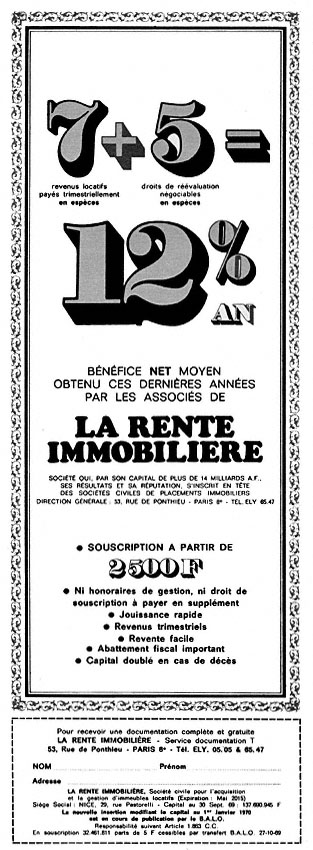 Publicité Rente Immobilire 1970