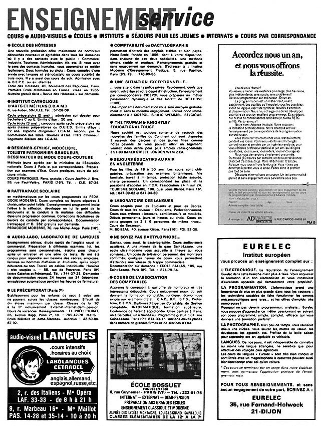 Publicité Enseignement Service 1970