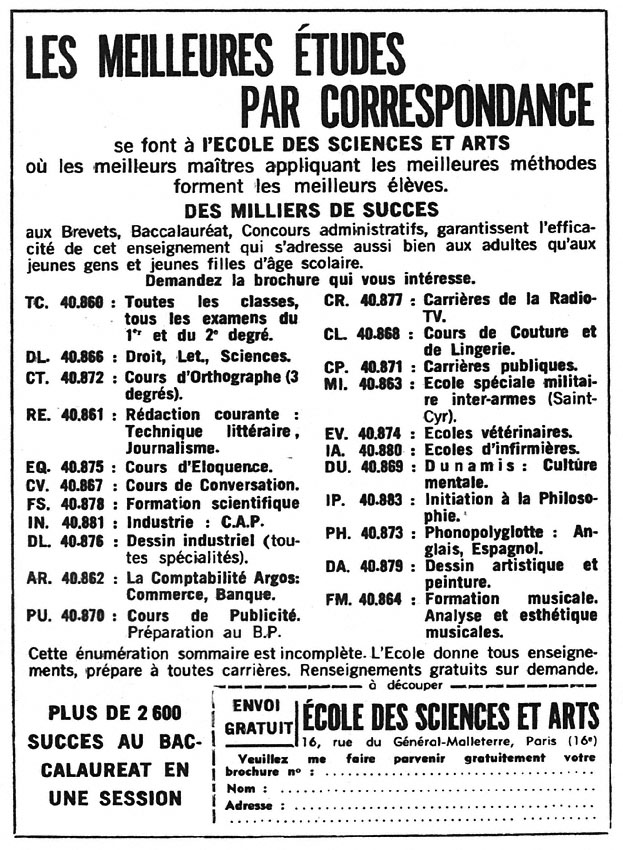 Publicité Ecole des Sciences et Arts 1964