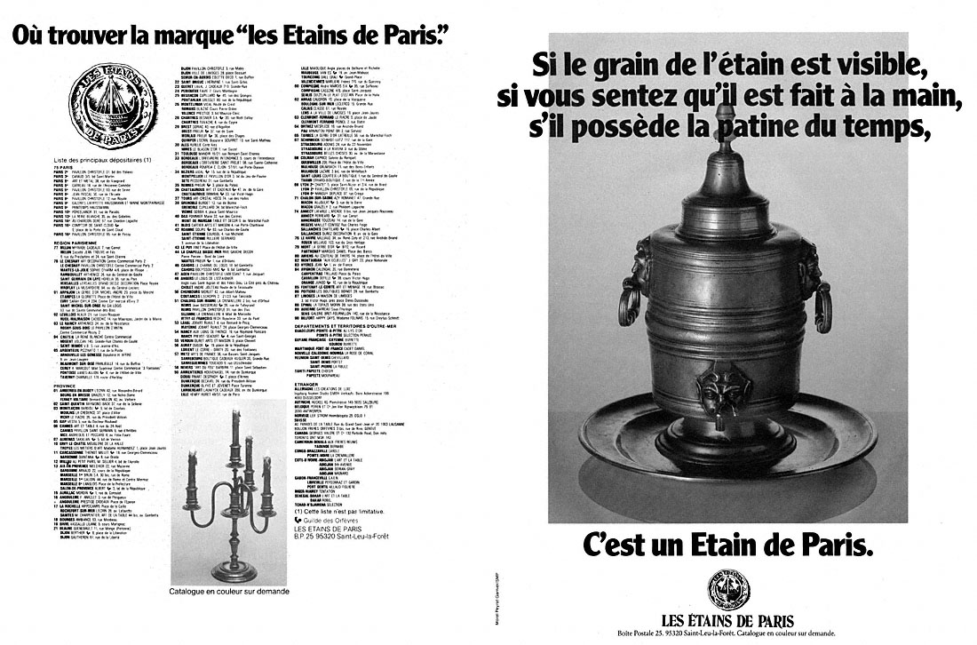 Publicité Etain de Paris 1980