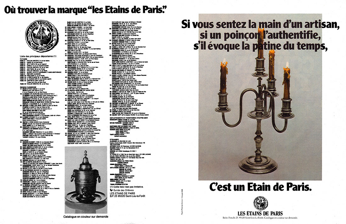 Publicité Etain de Paris 1980