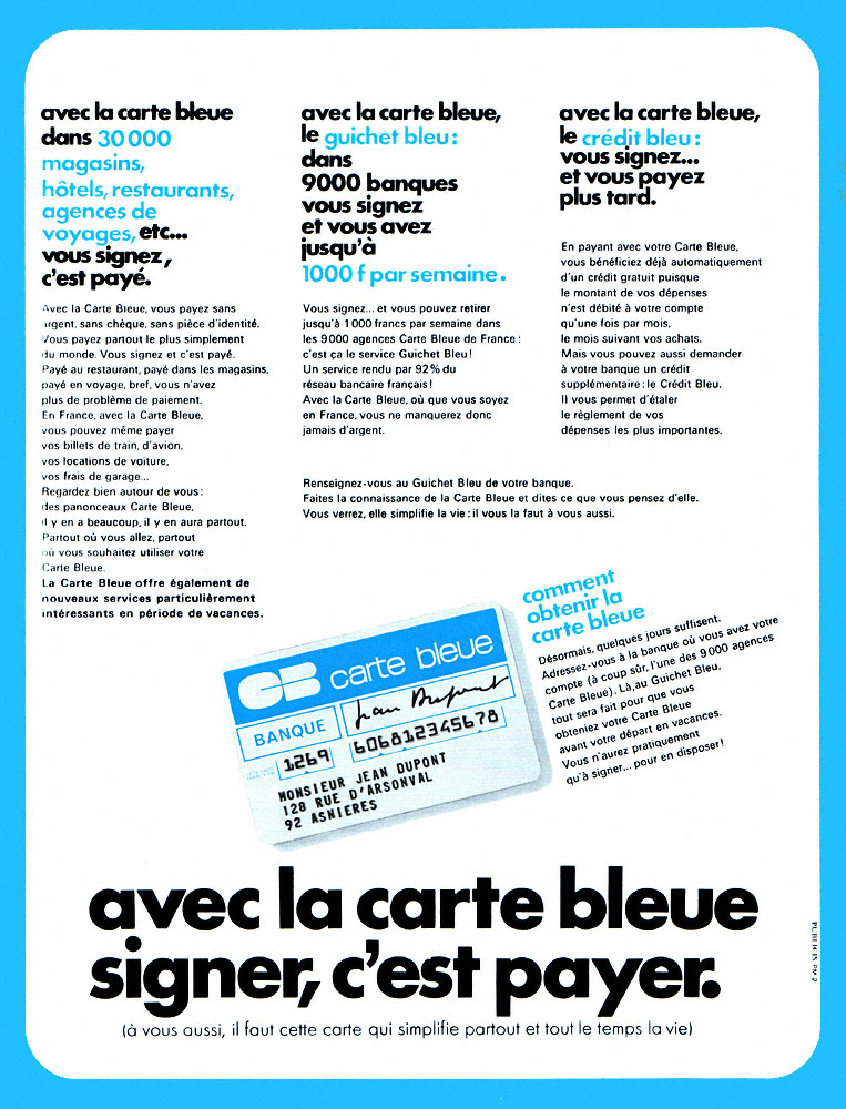 Publicit� Carte bleue 1969