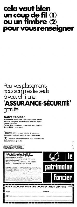 Publicité Patrimoine Foncier 1970