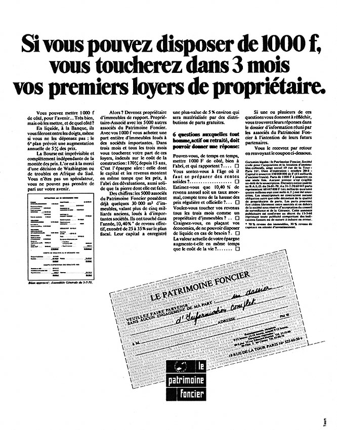 Publicité Patrimoine Foncier 1970