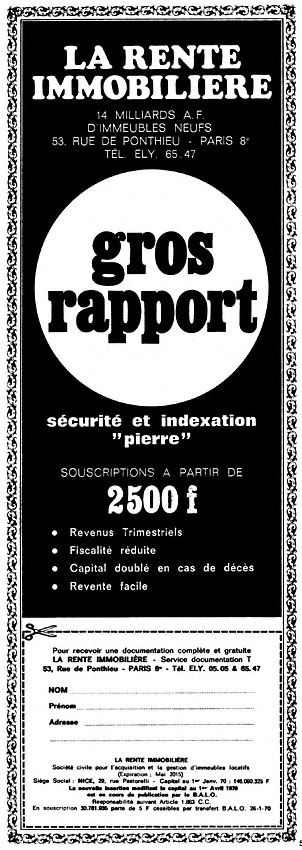 Publicité Rente Immobilire 1970