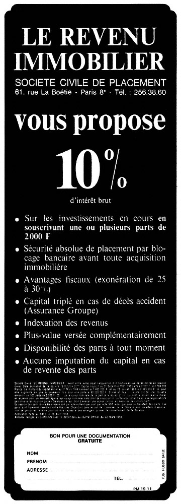 Publicit� Revenu Immobilier 1968
