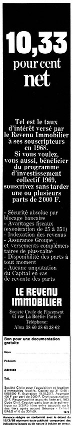 Publicit� Revenu Immobilier 1969