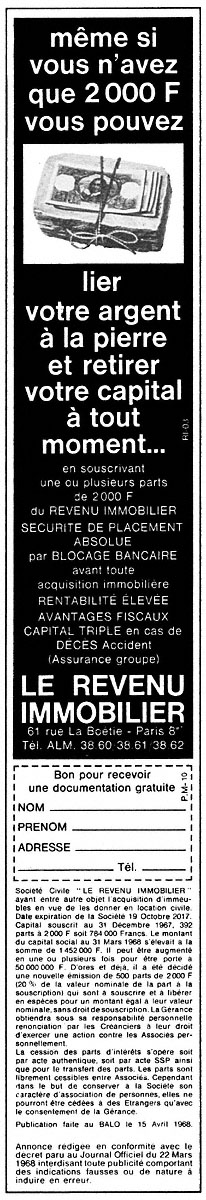 Publicité Revenu Immobilier 1968