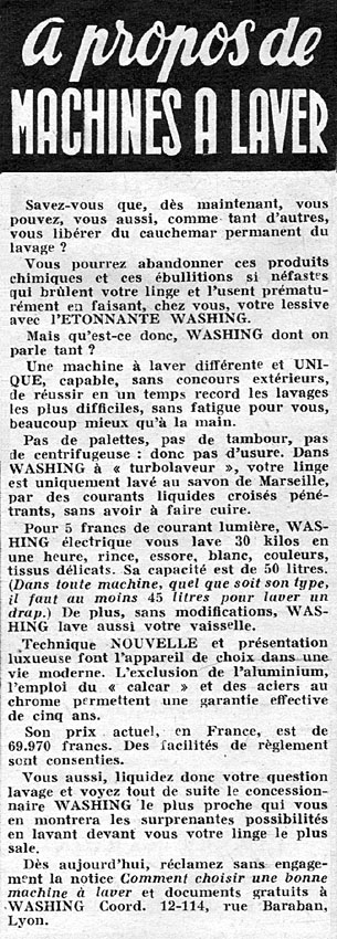 Publicité Washing 1951