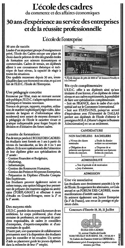 Publicité Ecole des Cadres 1982