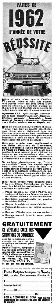 Publicité Ecole Poly Vente 1962