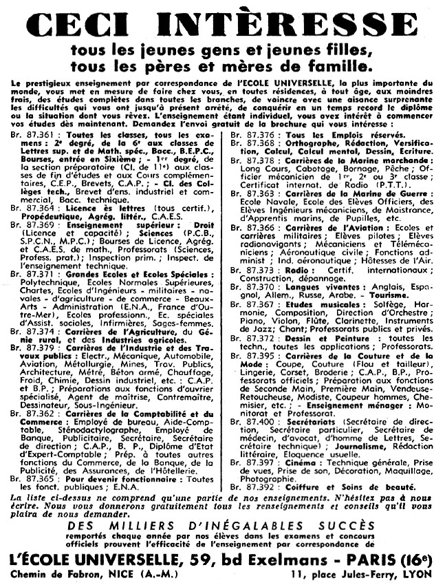 Publicité Ecole Universelle 1951