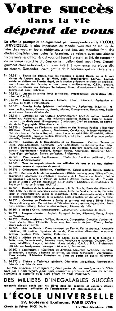 Publicité Ecole Universelle 1953