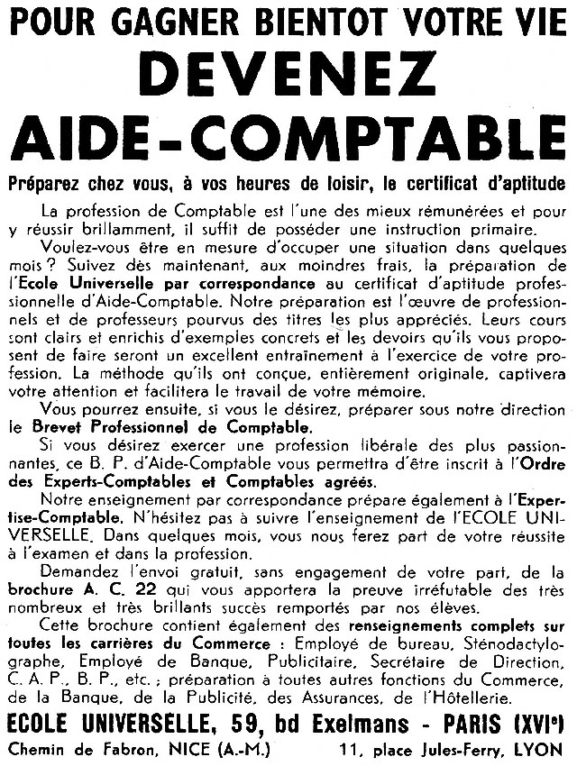Publicité Ecole Universelle 1954