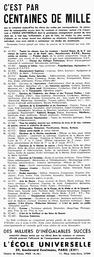 Publicité Ecole Universelle 1955