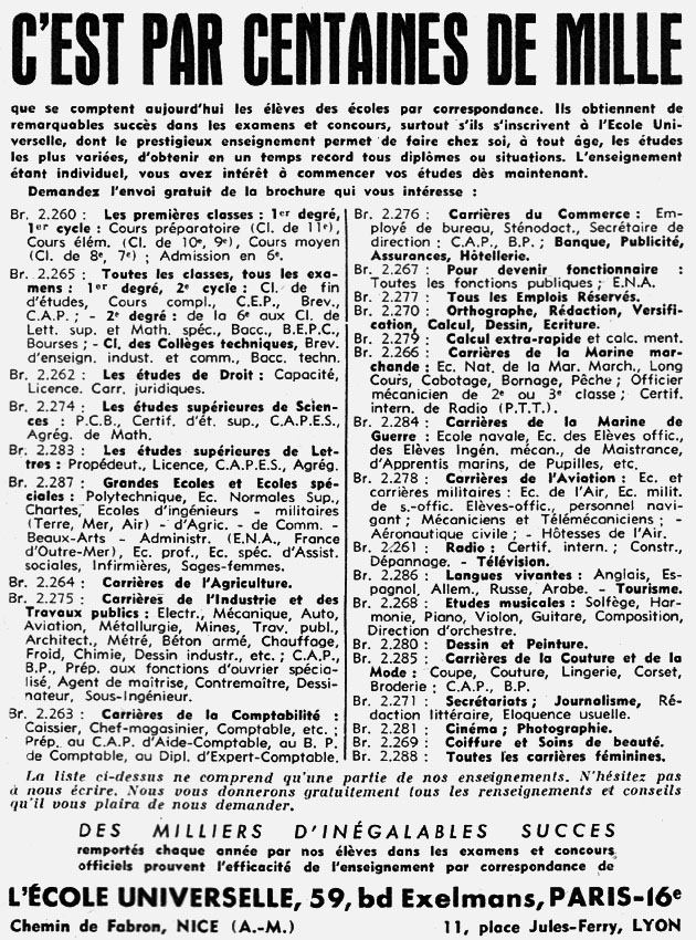 Publicité Ecole Universelle 1956