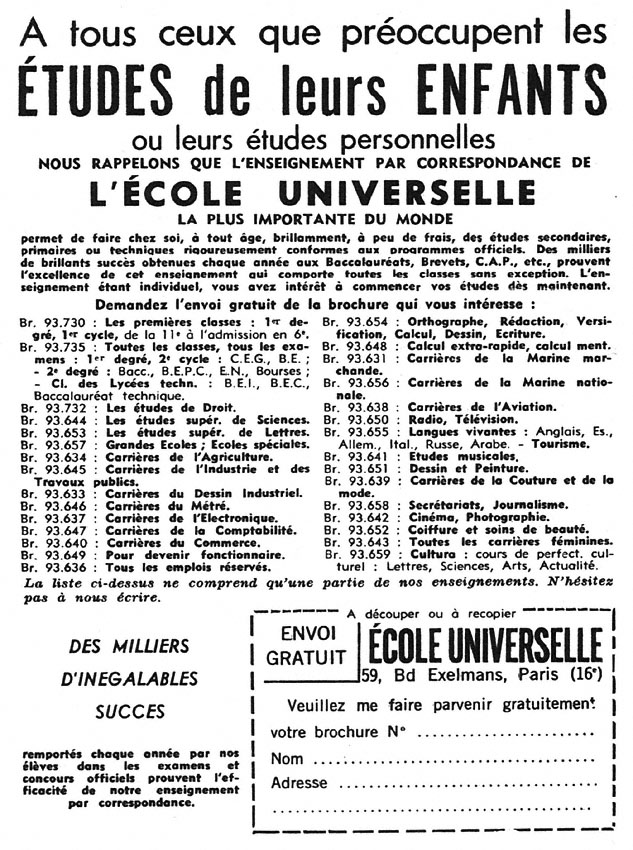 Publicité Ecole Universelle 1959