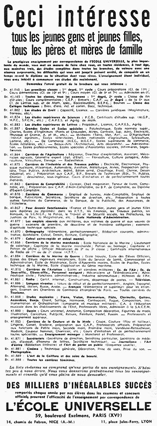 Publicité Ecole Universelle 1960