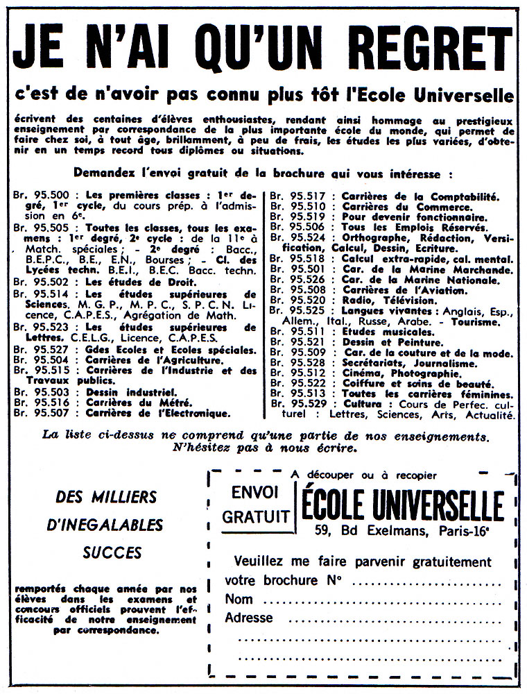 Publicité Ecole Universelle 1963