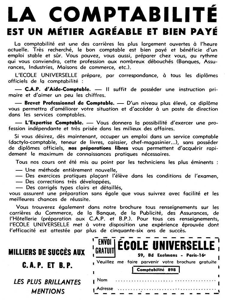 Publicité Ecole Universelle 1964