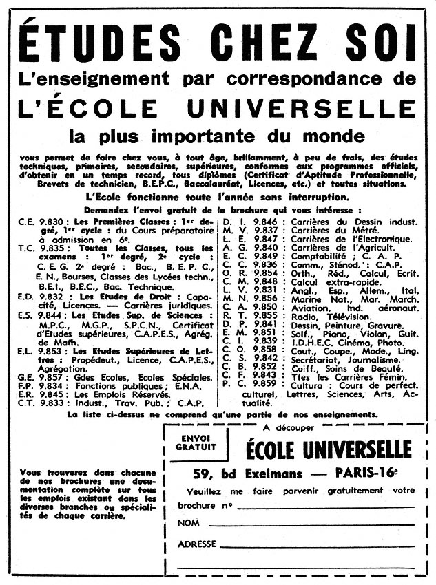 Publicité Ecole Universelle 1964