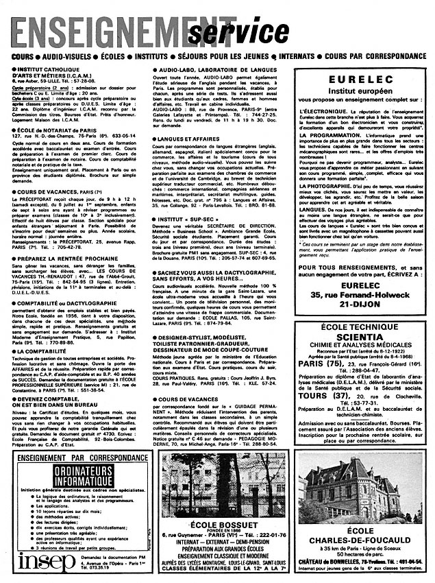 Publicité Enseignement Service 1970