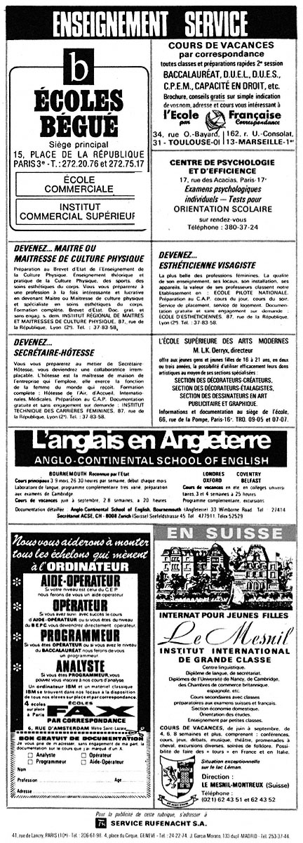 Publicité Enseignement Service 1968