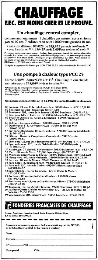 Publicité Divers Chauffage 1983