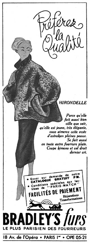 Publicité Bradley's furs 1952