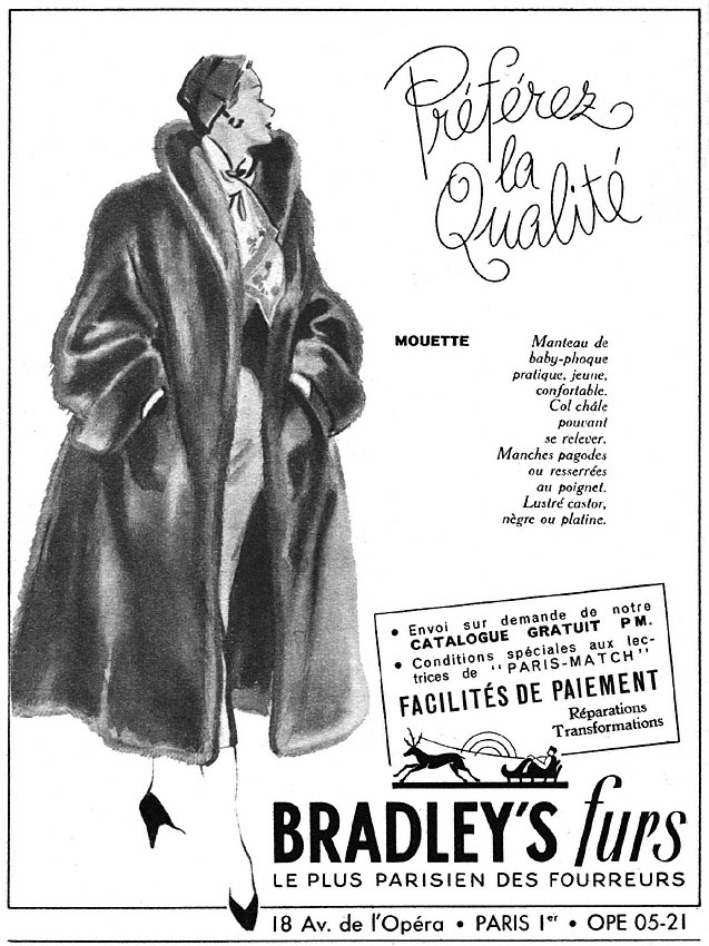 Publicité Bradley's furs 1952