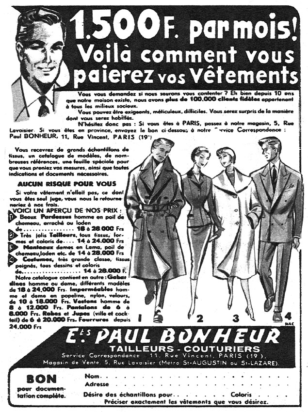 Publicité Paul Bonheur 1955