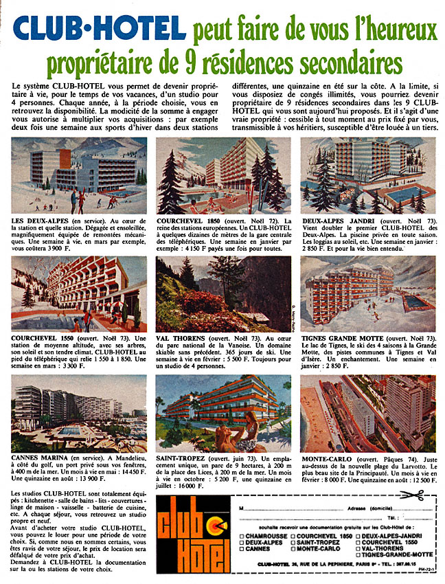 Publicité ClubHotel 1972