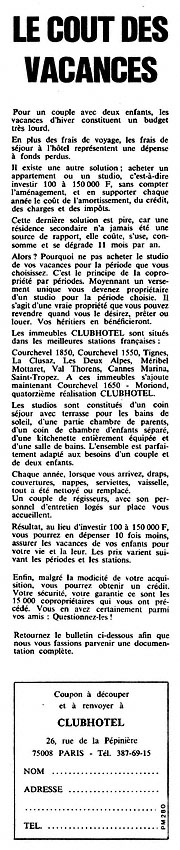 Publicité ClubHotel 1974