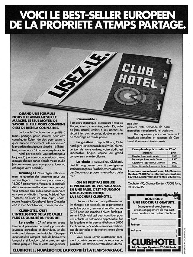 Publicité ClubHotel 1977