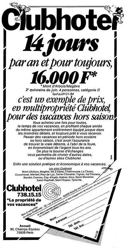 Publicité ClubHotel 1984