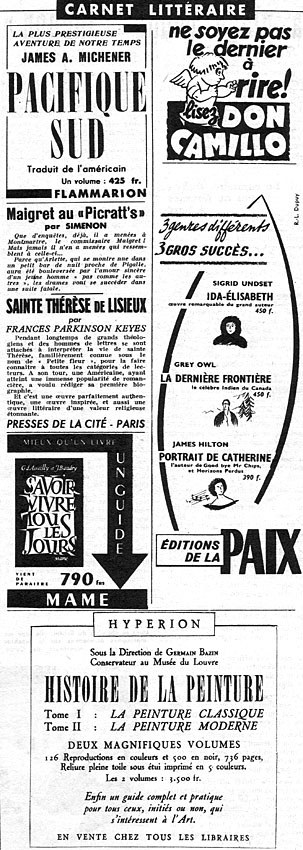 Publicité Carnet Littraire 1951