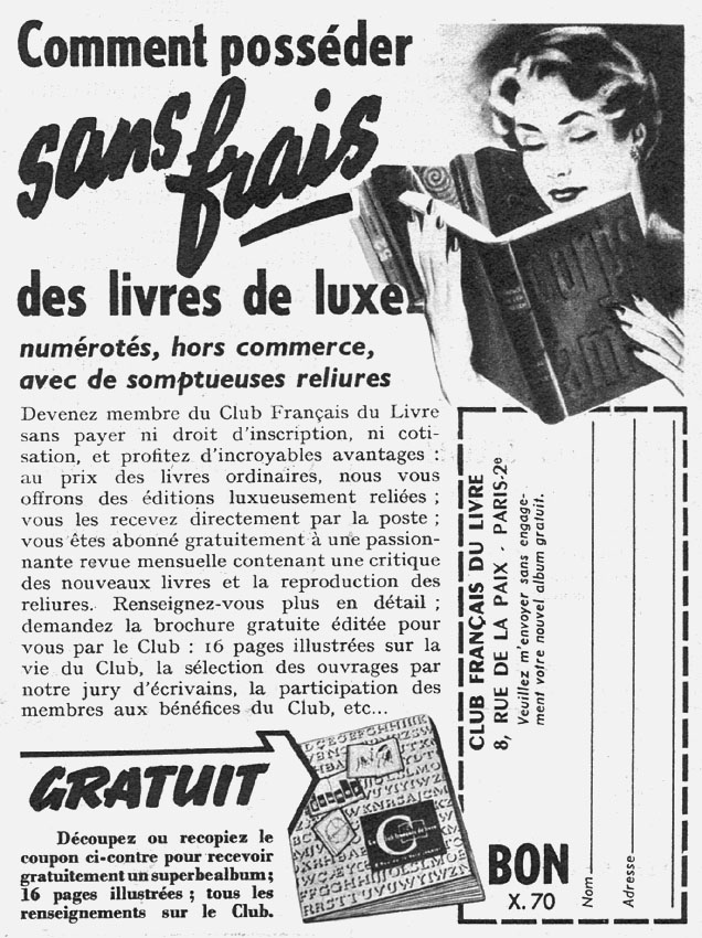 Publicité Club Franais du Livre 1955