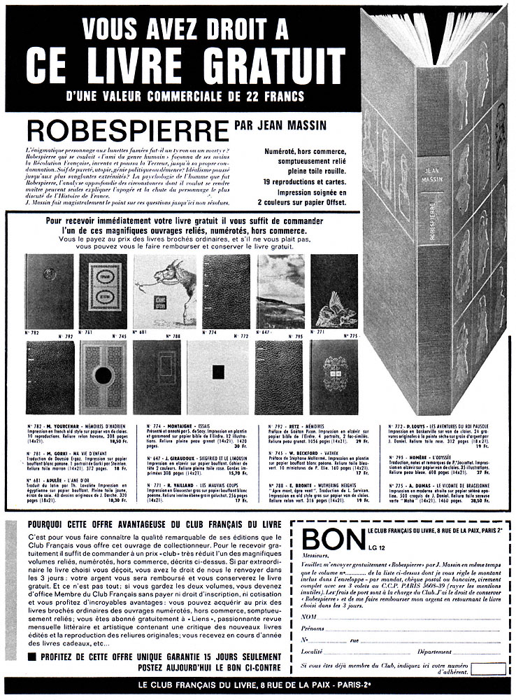 Publicité Club Franais du Livre 1963