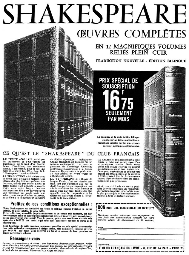 Publicité Club Fran�ais du Livre 1965
