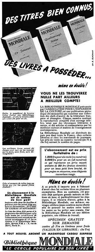Publicité ZxDivers Clubs Livres 1954