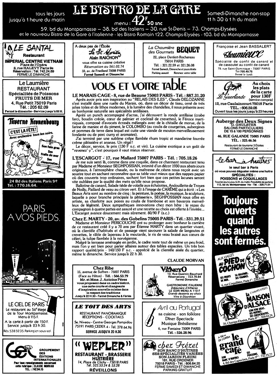Publicité Restaurants 1982