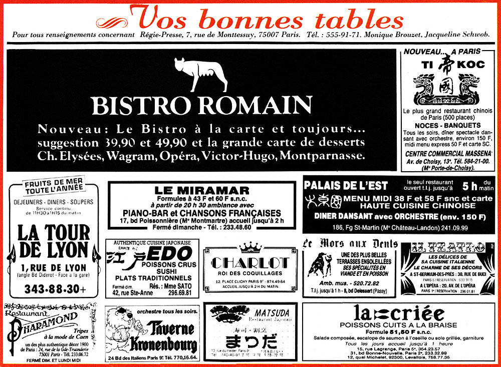 Publicité Restaurants 1985