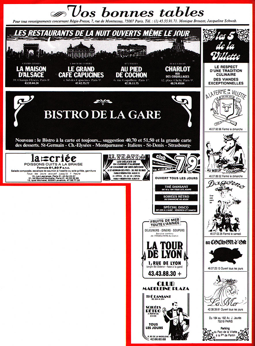 Publicité Restaurants 1985
