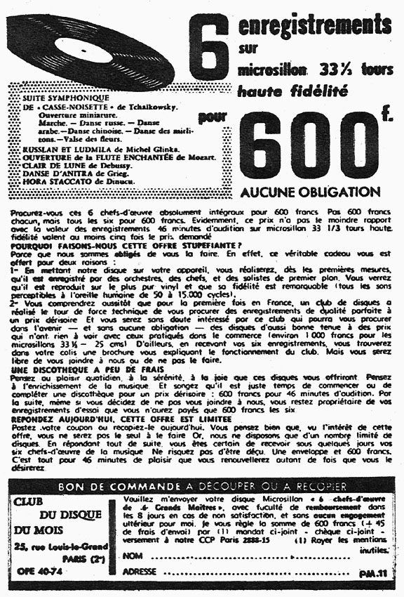 Publicité Clubs Disques 1955