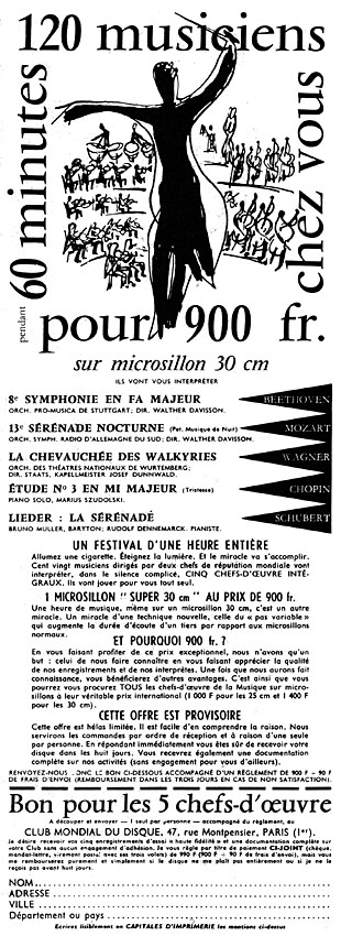 Publicité Clubs Disques 1956