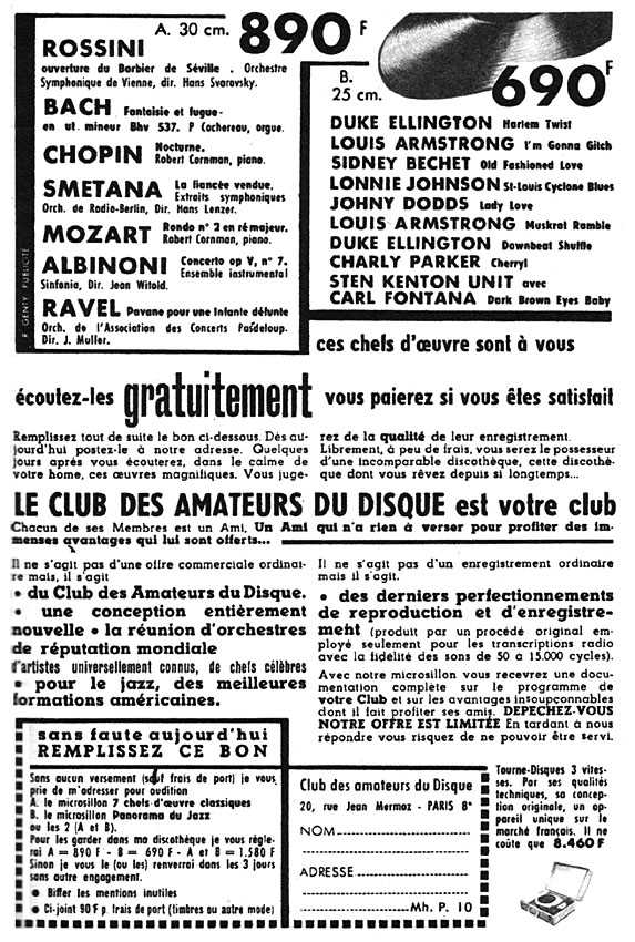 Publicité Clubs Disques 1956