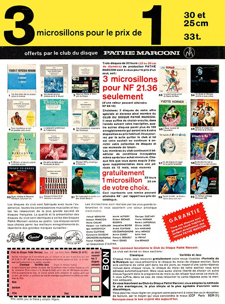 Publicité Clubs Disques 1960