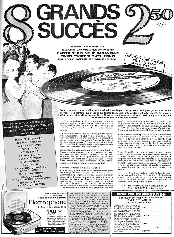 Publicité Clubs Disques 1962