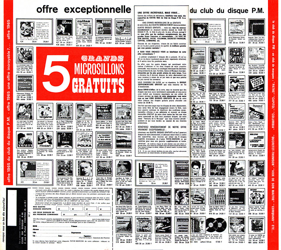 Publicité Clubs Disques 1964