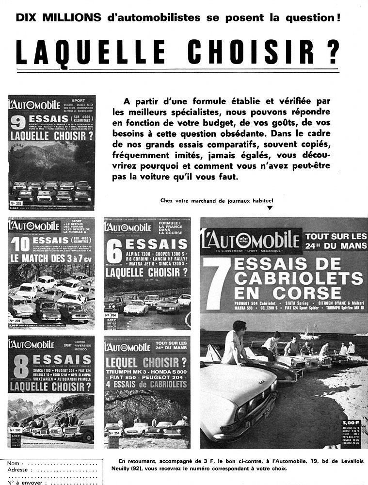 Publicit� L'automobile 1969